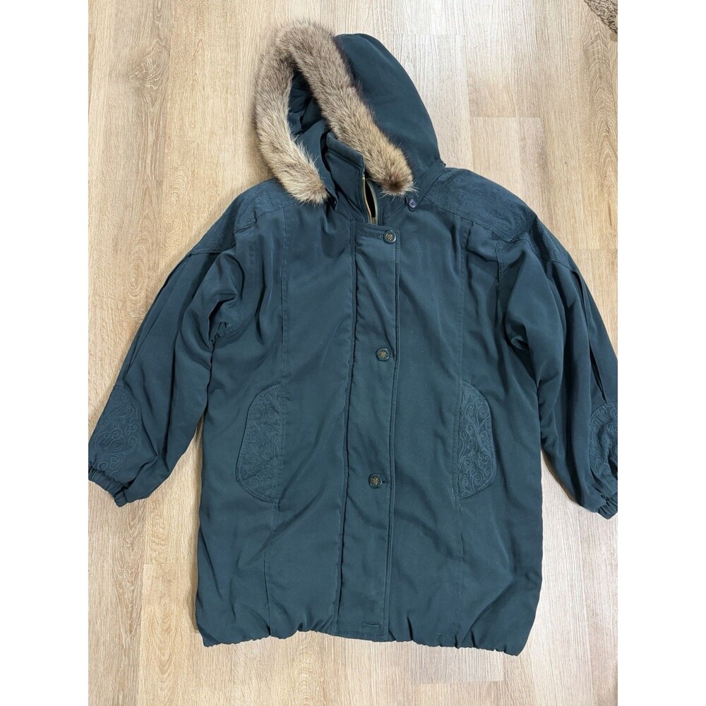 Vintage American Bazar Green Insulated Real Fur Trim Jacket Zip Up Petite Large